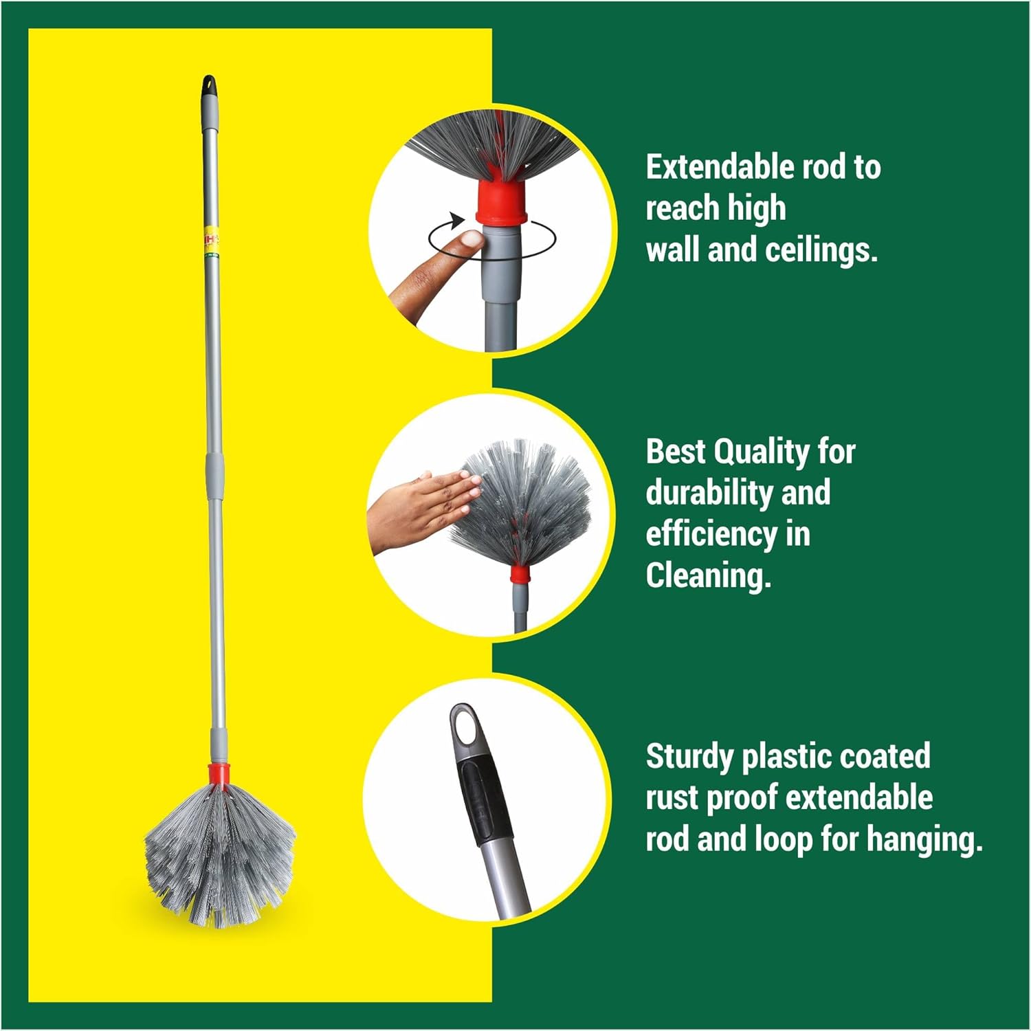 Metal Jala Cleaning Broom/Brush with Long Extendable Handle,Flexible Triangular Bristles for Ceiling Fan,Cobweb,and Corner Cleaning,Lightweight,Washable,Dust Remover for Home&Office Use