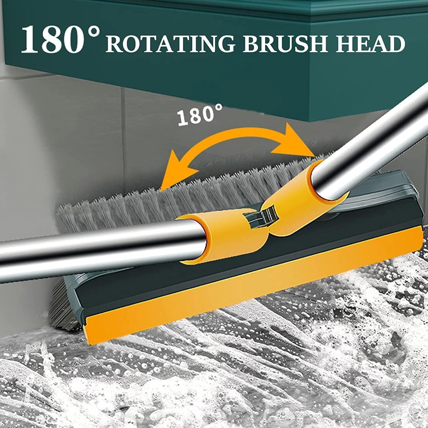 3-in-1 Stainless Steel Bathroom Cleaning Brush with Wiper, Tile Cleaner, Floor Scrub Brush for Bathroom Tiles, Kitchen, Adjustable Long Handle, 180° Rotating Head, V-Shaped Stiff Bristles