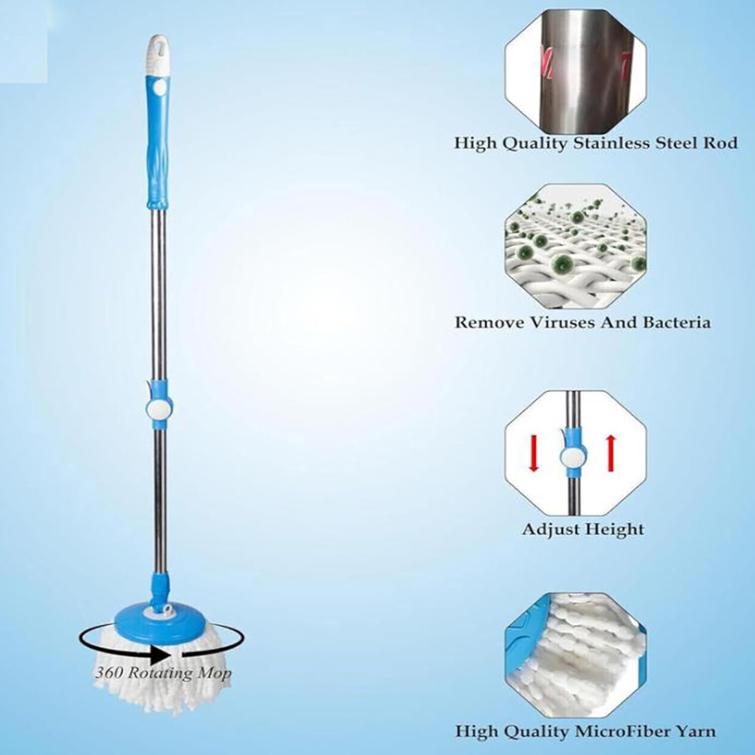 Spin Bucket Mop for Floor Cleaning,360° Rotating,Microfiber Head & Spin Wet and Dry Bucket  Adjustable Handle,Reusable Washable Mop for All Surface