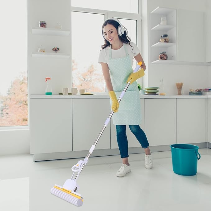 Absorbent PVA Sponge Mop with Stainless Steel Telescopic Pole – Extendable Handle Mopstick for Tile, Wood, and Kitchen Floor Cleaning – Super Absorbent Roller Sponge Mop