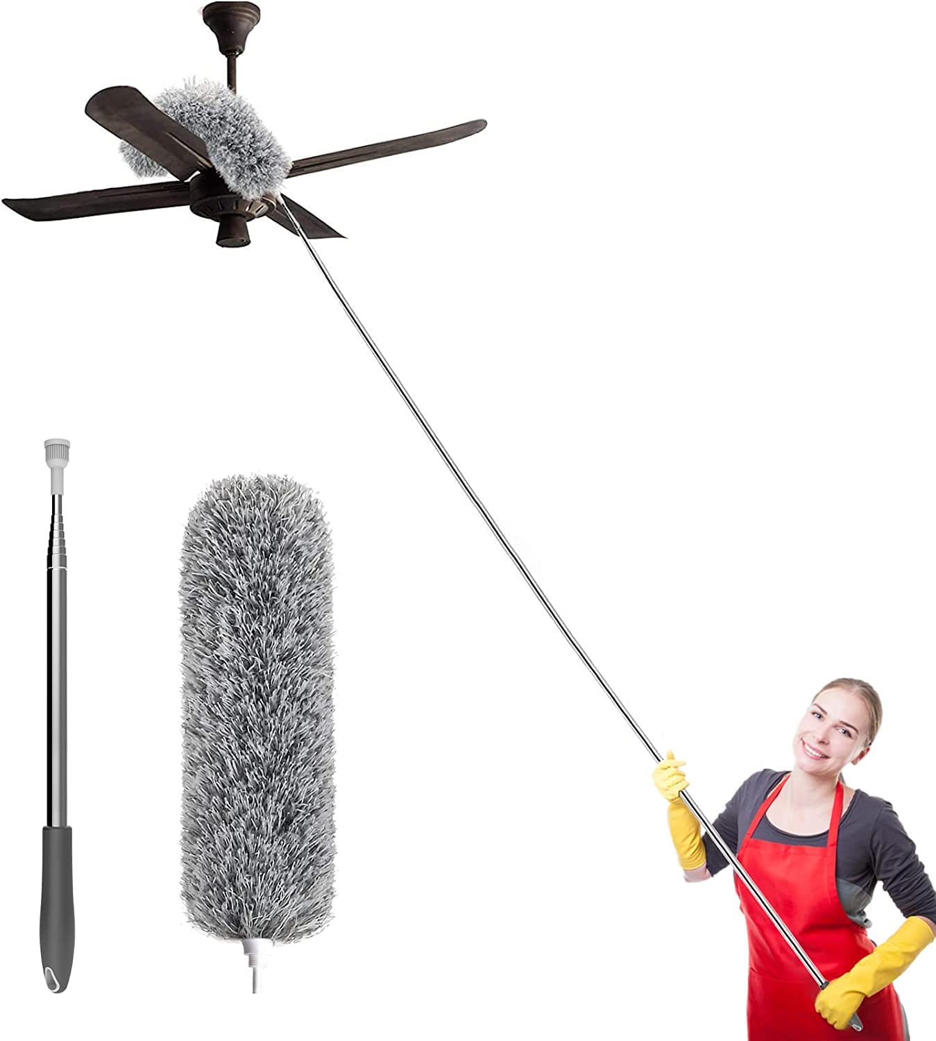 ong Handle Microfiber Feather Fan Ceiling Duster for Dust Cleaning with extendable Pole 100 Inch with Anti Scratch Bendable Brush for Cleaning High roof Cobweb Stick | Grey
