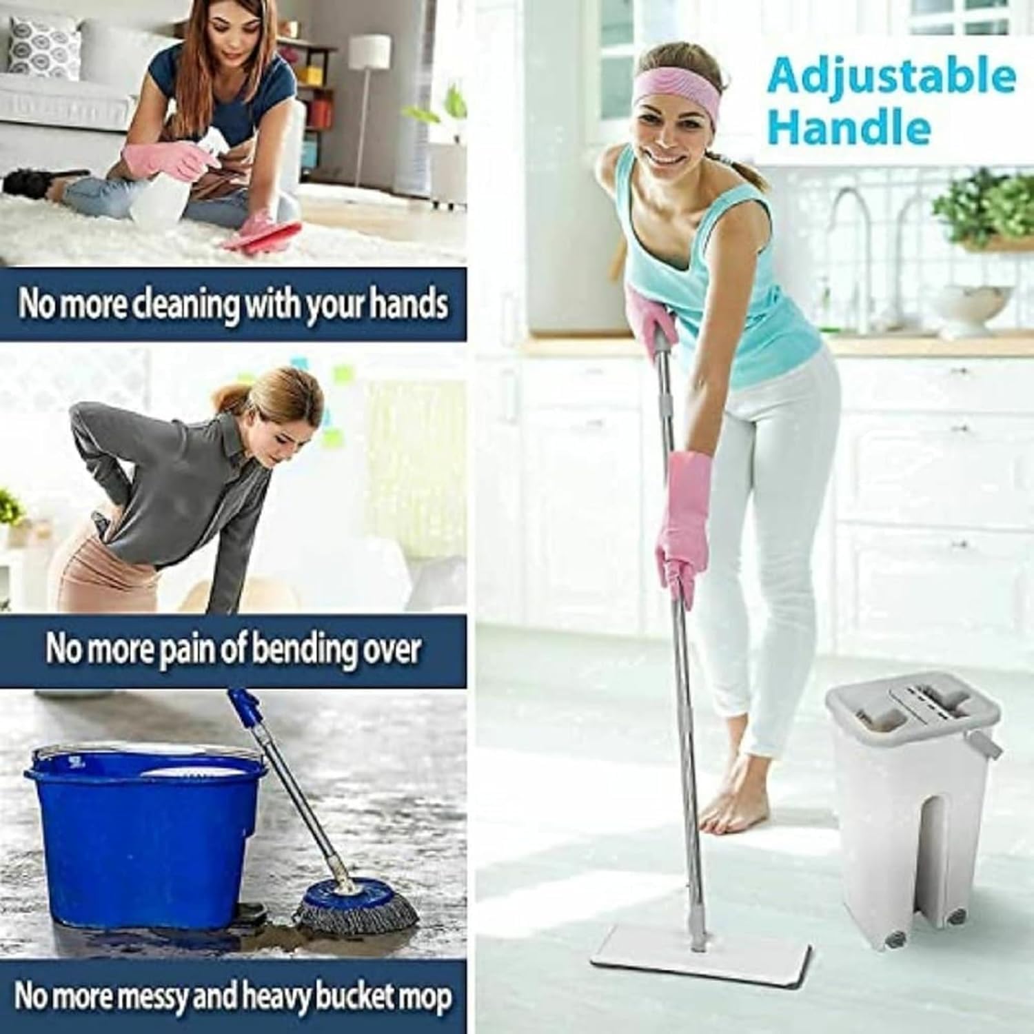 Mop Heavy Quality Floor Mop with Bucket, Flexible Kitchen Tap Flat Squeeze Cleaning Supplies, 360° Flexible Quiet reusable Pads, Microfiber, Adjustment Office Home Effective